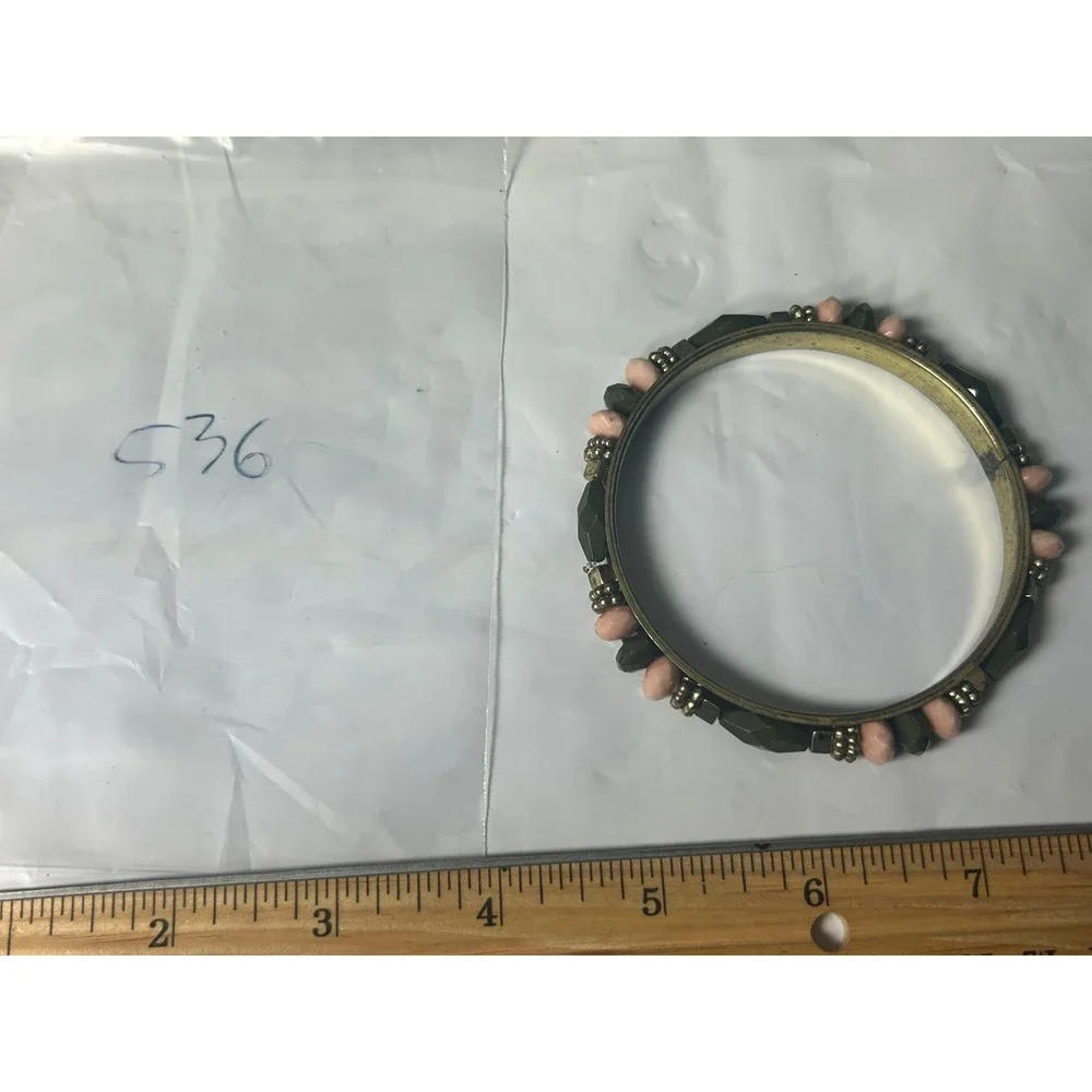 Boho Beaded Bangle‎ Bracelet Green Pink Gold Tone Artisan Statement